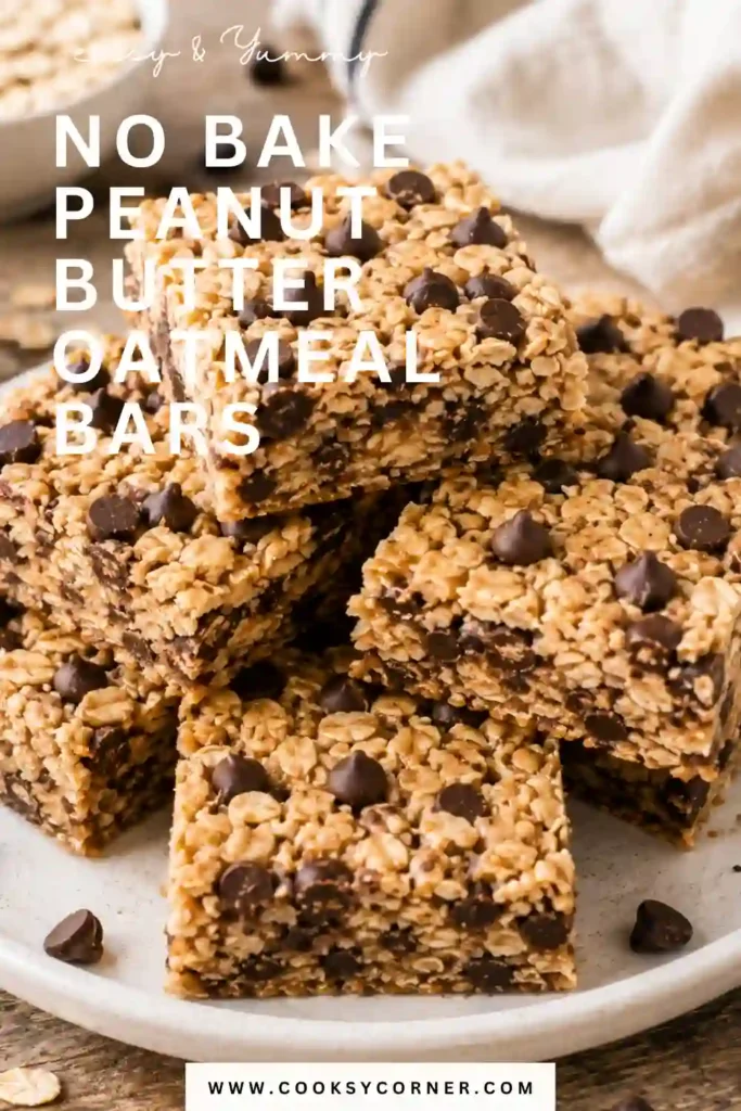 Freshly sliced No Bake Peanut Butter Oatmeal Bars made with rolled oats, creamy peanut butter, honey, and dark chocolate chips. These chewy homemade snack bars are easy to prepare and perfect for meal prep.