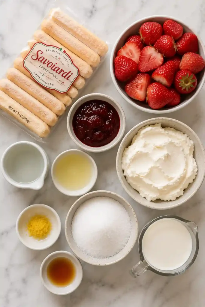 Homemade No-Bake Strawberry Tiramisu served in a square baking dish with fresh strawberries arranged on top. The creamy layered dessert is chilled and ready to serve.