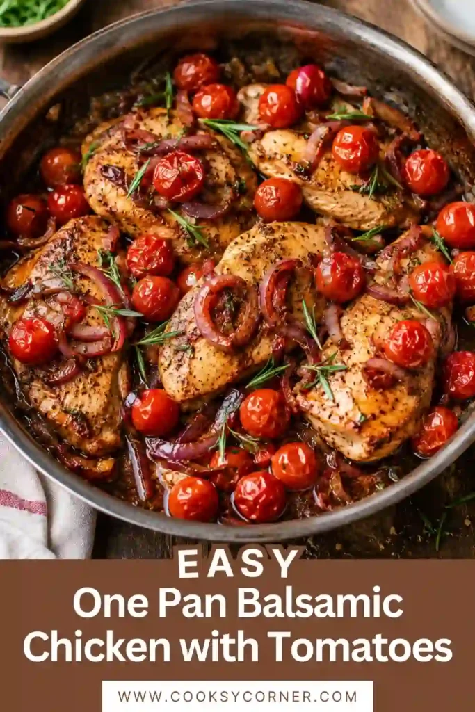 One-Pan Balsamic Chicken with Tomatoes served in a skillet with juicy chicken cutlets, blistered cherry tomatoes, fresh rosemary, and a glossy balsamic sauce.