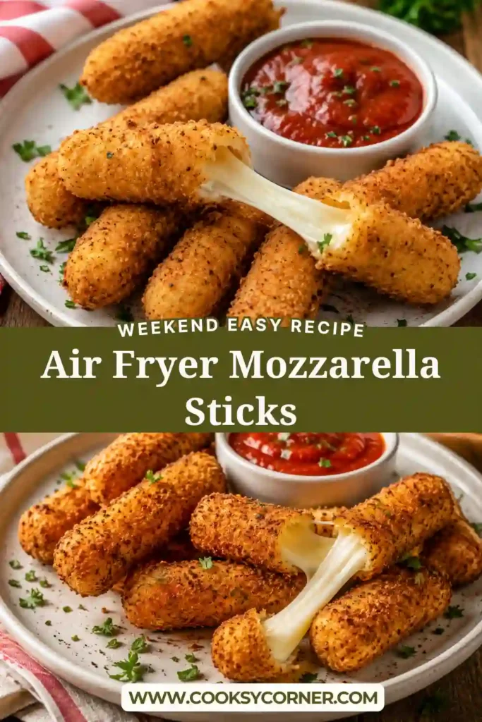 Golden Air Fryer Mozzarella Sticks served with warm marinara sauce on a white plate. The crispy breadcrumb coating surrounds gooey melted mozzarella cheese.