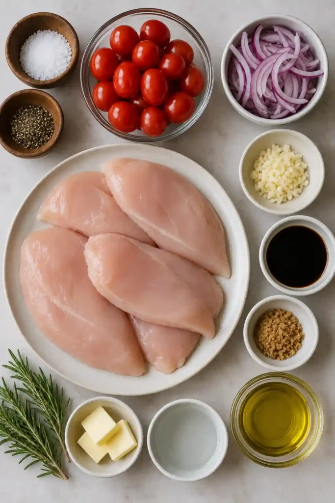 Easy one-pan chicken dinner featuring juicy chicken breasts, balsamic reduction, garlic, onions, and fresh tomatoes.