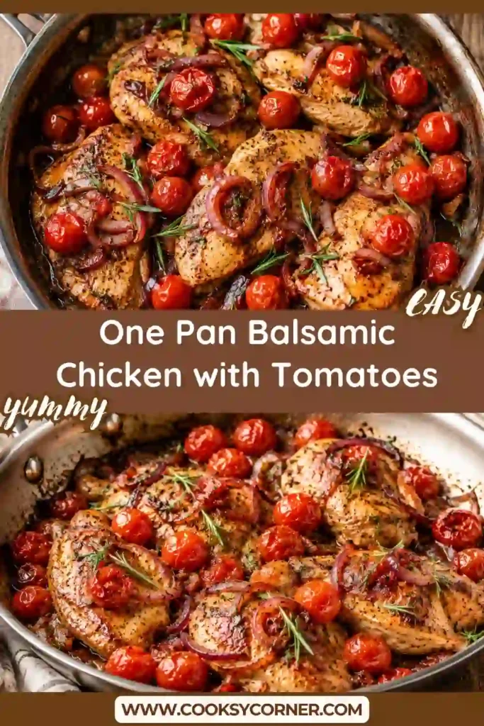 Close-up of tender balsamic chicken topped with roasted cherry tomatoes and fresh rosemary in a rich homemade sauce.