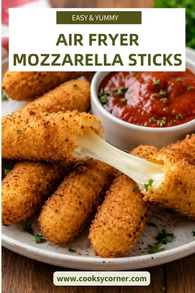 Freshly cooked Air Fryer Mozzarella Sticks arranged on a serving platter with marinara sauce and fresh parsley garnish.