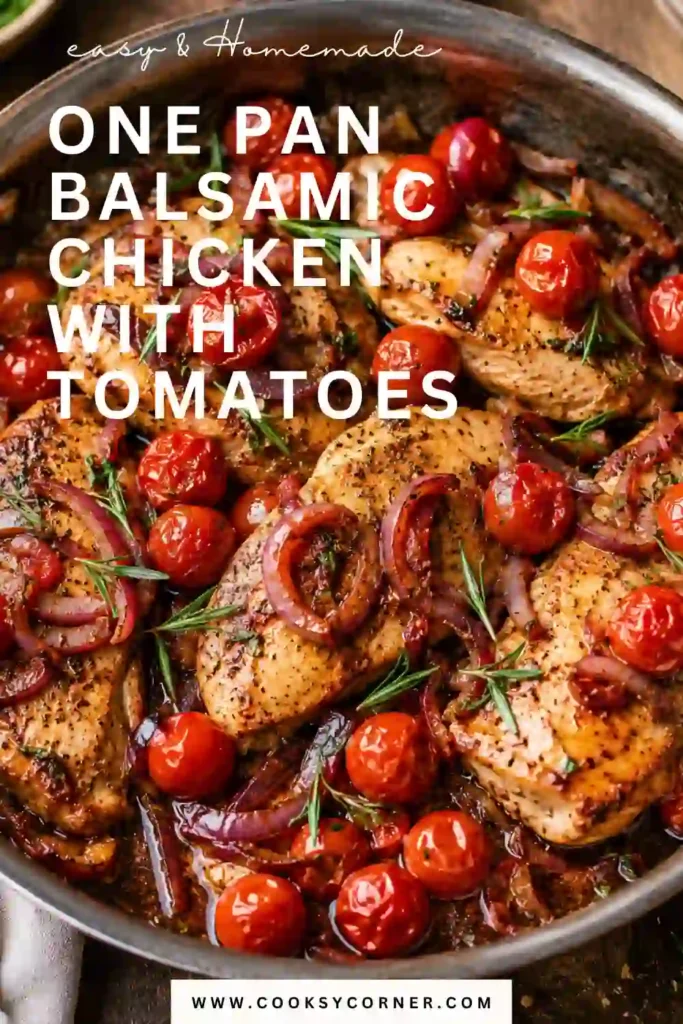 Golden seared chicken breasts cooked in a balsamic glaze with cherry tomatoes, garlic, onions, and rosemary in a cast-iron skillet.