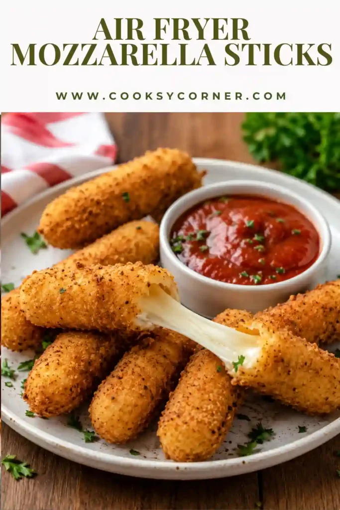 Homemade Air Fryer Mozzarella Sticks with a crunchy Panko coating and stretchy melted cheese served with dipping sauce.