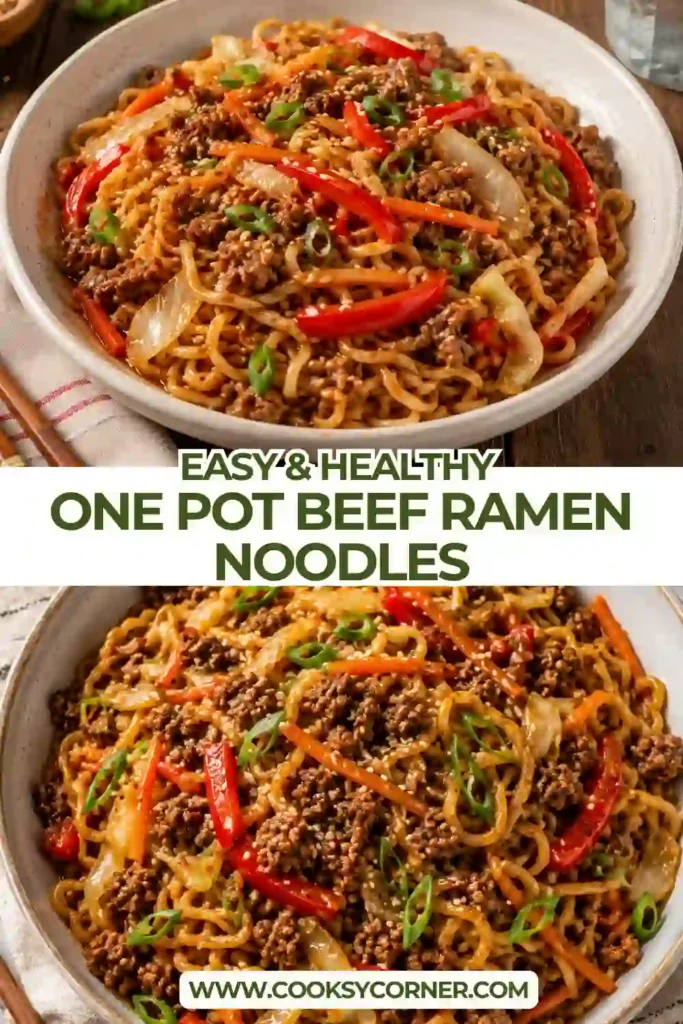 Close-up of homemade One-Pot Beef Ramen Noodles with colorful vegetables and savory ground beef in a rich sauce. A simple one-pot ramen recipe that's hearty, flavorful, and family friendly.