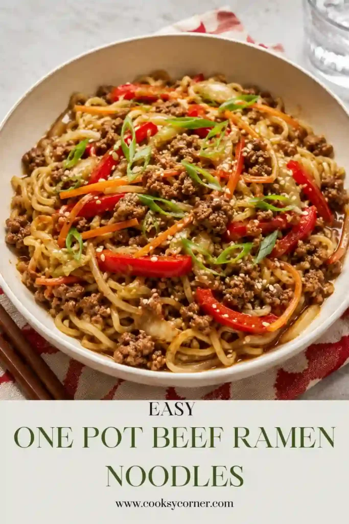 A bowl of One-Pot Beef Ramen Noodles featuring lean ground beef, cabbage, carrots, bell peppers, and tender ramen noodles garnished with sesame seeds and scallions. This easy beef ramen recipe is perfect for a quick weeknight dinner.