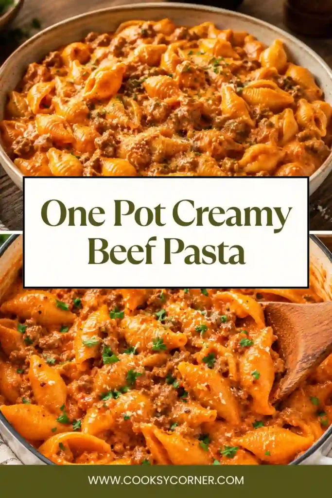 Homemade One Pot Creamy Beef Pasta with shell pasta, tomato cream sauce, and fresh parsley. An easy comfort food dinner recipe.
