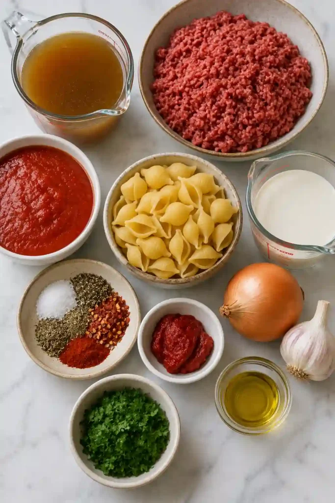 Close-up of One Pot Creamy Beef Pasta garnished with parsley in a serving bowl. A creamy ground beef pasta recipe made in one pan.