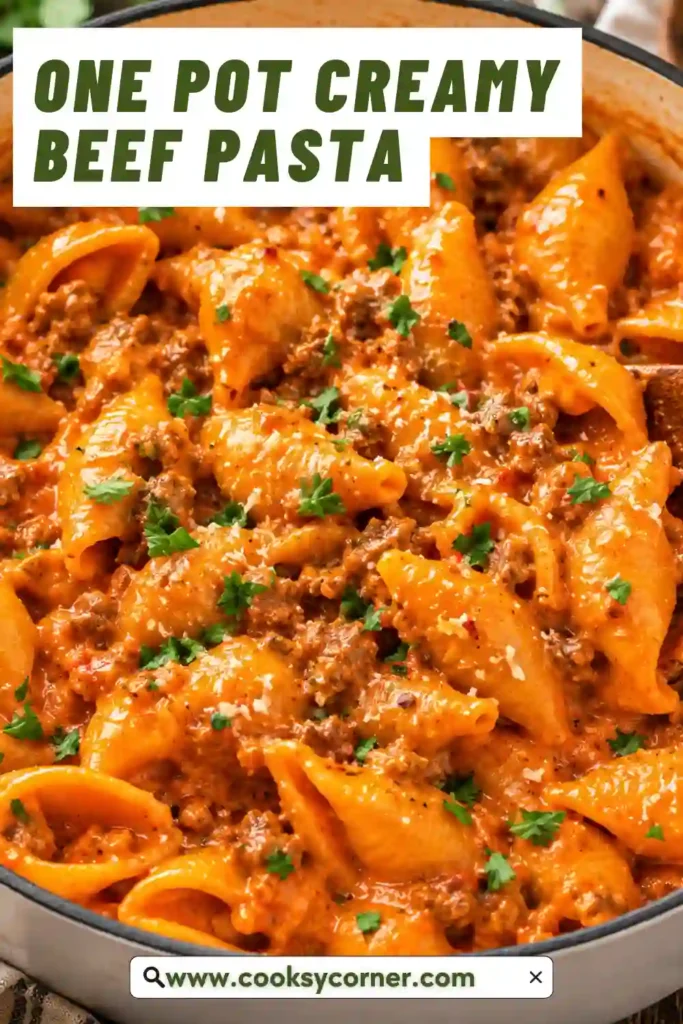 Creamy ground beef pasta served in a bowl with parsley garnish. A rich one-pot pasta recipe perfect for family dinners.