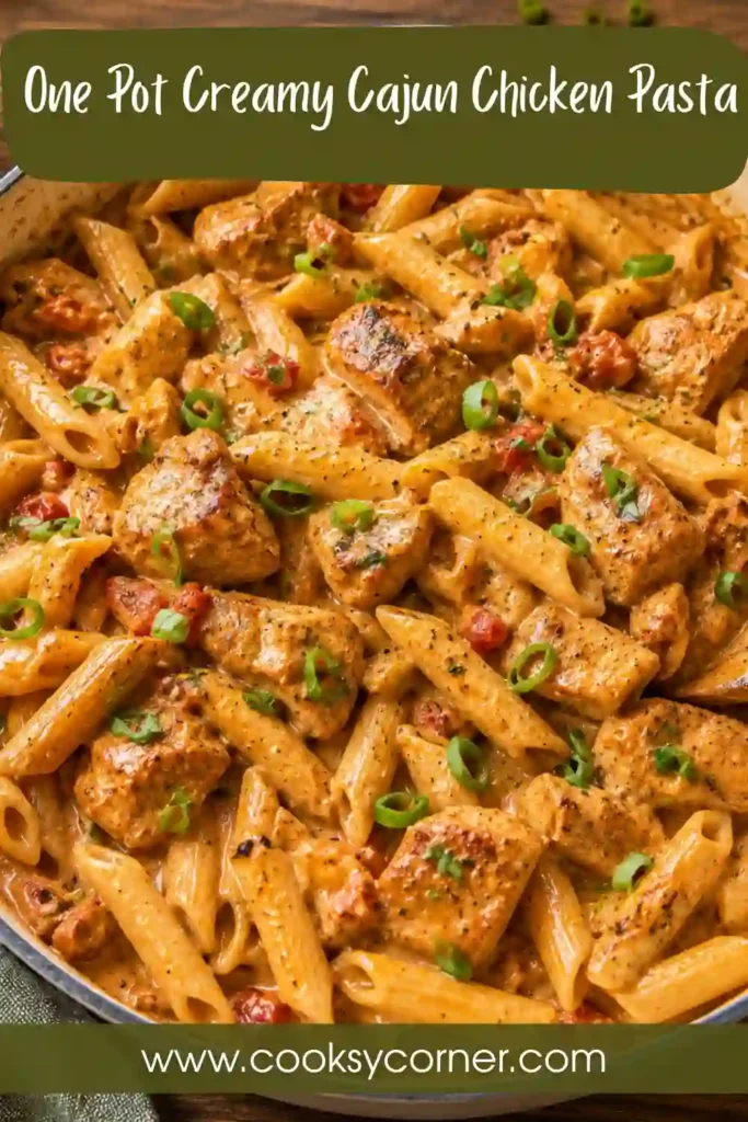 Close-up of One Pot Creamy Cajun Chicken Pasta featuring smoky chicken, creamy sauce, penne pasta, tomatoes, and fresh green onions. The skillet is filled with rich homemade comfort food.