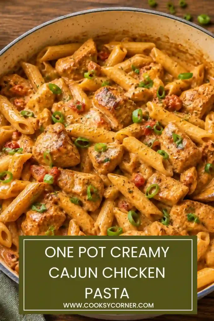 Creamy Cajun chicken pasta served in a skillet with penne pasta, seasoned chicken, tomatoes, green onions, and a rich cream cheese sauce. Every bite is packed with bold flavor.