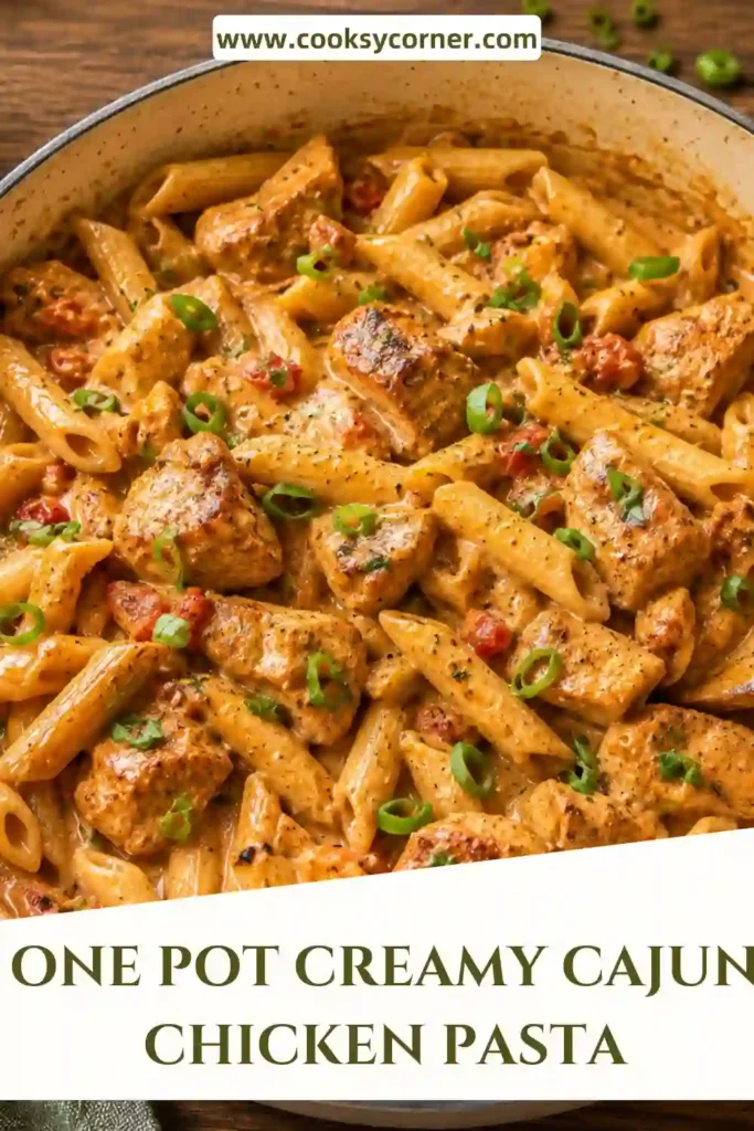 A skillet filled with One Pot Creamy Cajun Chicken Pasta featuring tender Cajun-seasoned chicken, penne pasta, fire-roasted tomatoes, creamy sauce, and sliced green onions. The dish is rich, colorful, and ready to serve.
