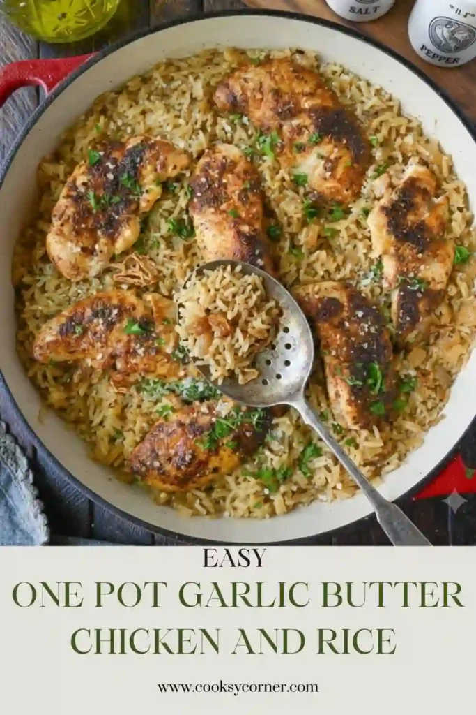 Homemade One-Pot Garlic Butter Chicken and Rice garnished with fresh parsley and Parmesan cheese. This comforting chicken thighs and rice recipe is rich, creamy, and flavorful.
