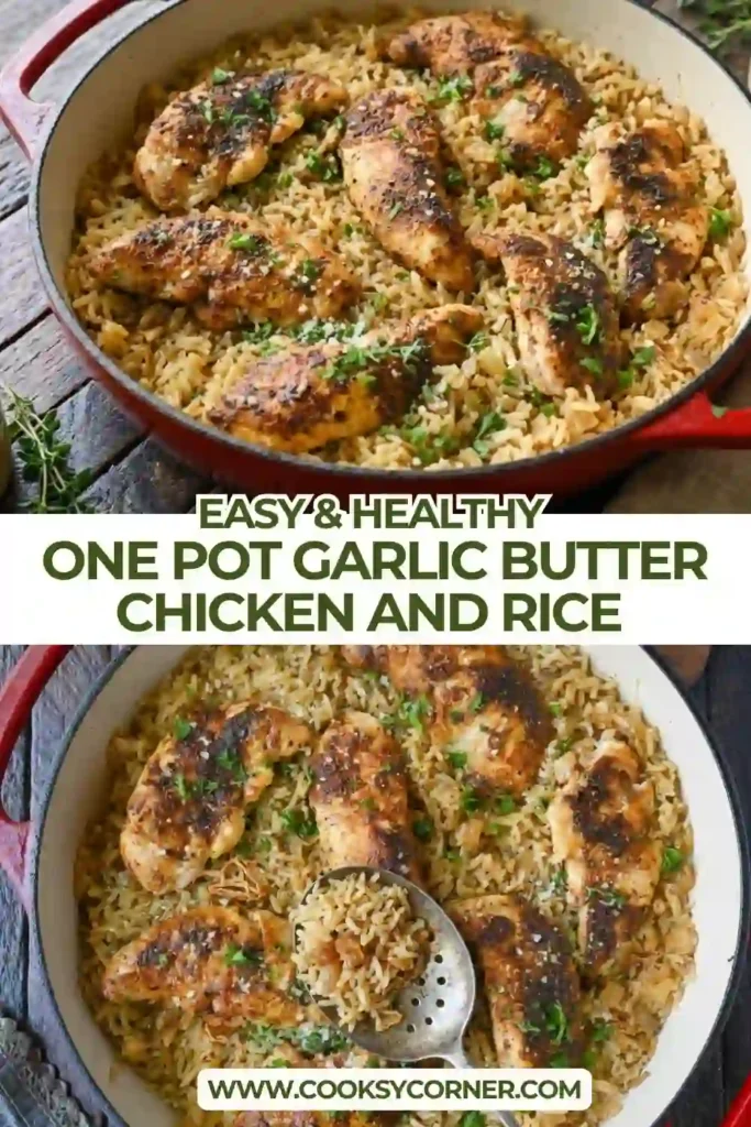 Tender garlic butter chicken served over fluffy seasoned rice with Parmesan and parsley in a rustic skillet. This easy one pot chicken and rice recipe is ideal for family dinners.