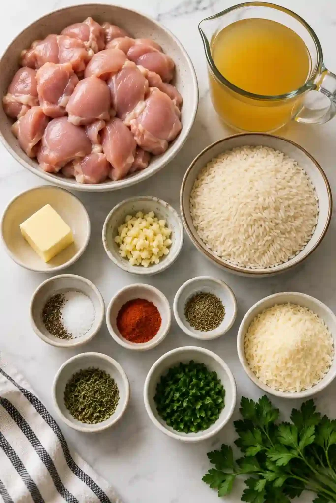 Close-up of creamy garlic butter chicken and fluffy rice cooked in one skillet and topped with grated Parmesan and chopped parsley. This easy chicken dinner is simple and satisfying.