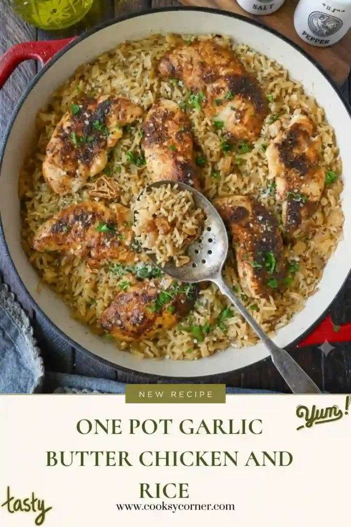 A skillet filled with One-Pot Garlic Butter Chicken and Rice featuring juicy chicken thighs, fluffy white rice, melted Parmesan cheese, and fresh parsley. This comforting one-pot chicken dinner is warm, creamy, and perfect for weeknight meals.
