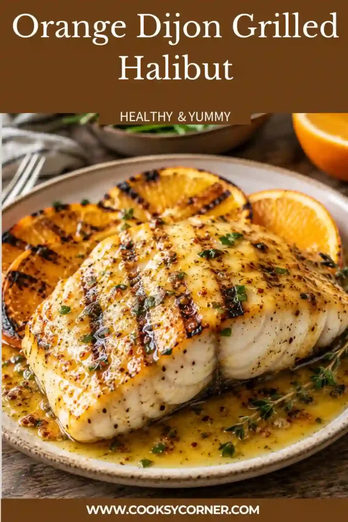 Close-up of grilled halibut brushed with a sweet orange Dijon sauce and garnished with basil. This easy grilled fish recipe is perfect for outdoor entertaining.