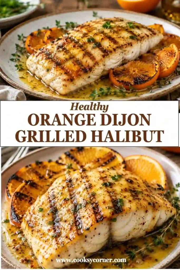 Freshly grilled halibut topped with an orange Dijon glaze and herbs on a serving platter. A flavorful citrus glazed halibut recipe ideal for healthy family meals.