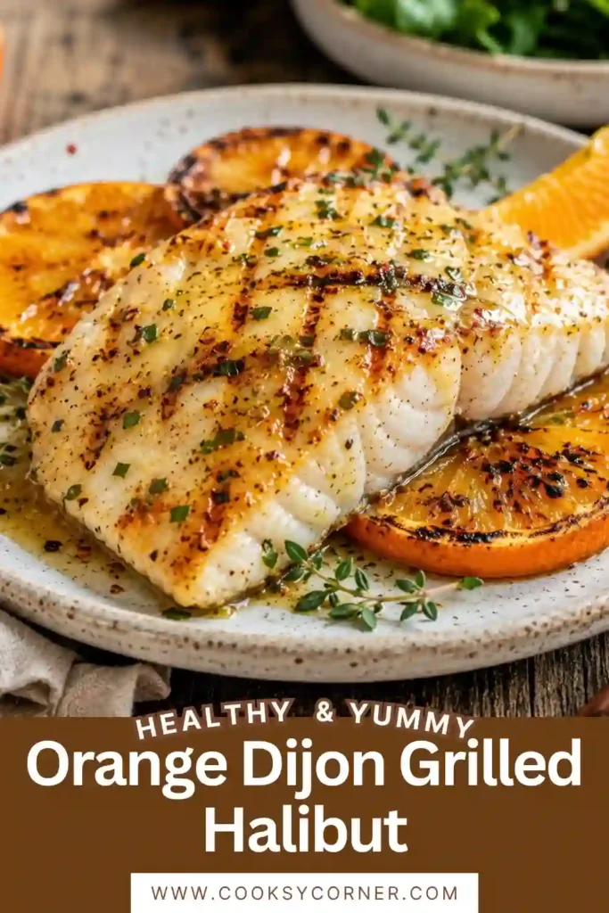 Orange Dijon Grilled Halibut served with a glossy citrus mustard glaze and fresh basil. This healthy grilled halibut is tender, flaky, and perfect for a summer BBQ dinner.