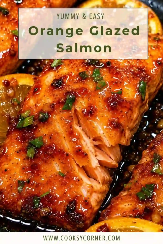 Golden-brown Orange Glazed Salmon fillets topped with a sweet citrus garlic glaze. A delicious high-protein dinner served with fresh orange slices.