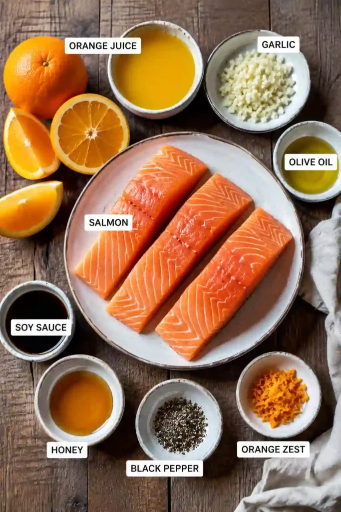 Close-up of Orange Glazed Salmon with a shiny homemade orange sauce made from fresh juice, honey, garlic, and soy sauce. A simple yet elegant seafood meal.