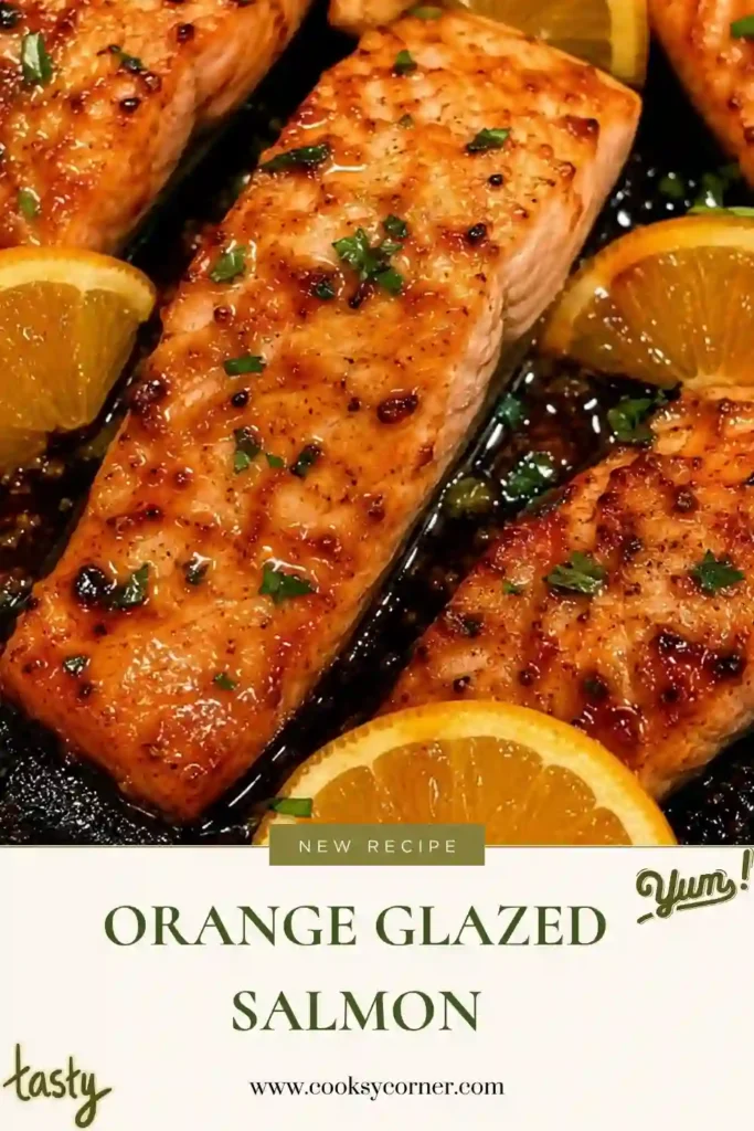 Pan-seared Orange Glazed Salmon coated in a glossy honey citrus sauce and garnished with fresh orange slices. The salmon is tender, flaky, and perfect for an easy weeknight dinner.