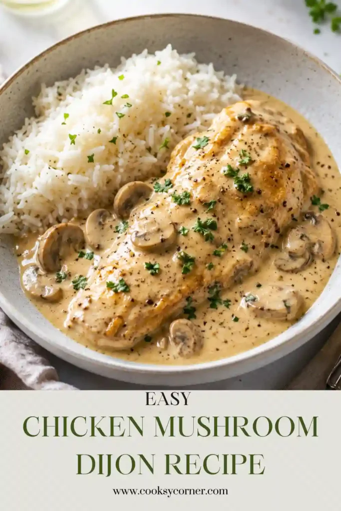 Golden pan-seared chicken breasts served with creamy Dijon mustard mushroom sauce in a skillet. This Chicken Mushroom Dijon Recipe is rich, comforting, and perfect for an easy family dinner.