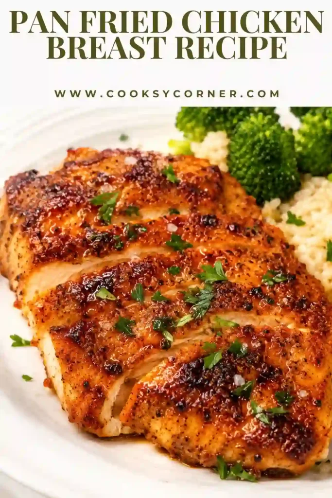 Golden pan fried chicken breast served with buttery pan sauce and fresh parsley. The juicy chicken features a perfectly seasoned crispy crust, making it an ideal easy dinner recipe.
