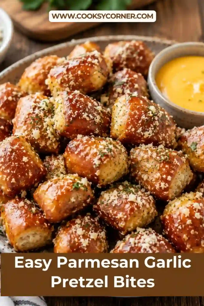 Soft pretzel bites tossed in garlic butter and Parmesan cheese served with dipping sauce. A delicious homemade snack for game day.