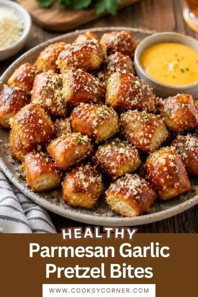 Golden homemade Parmesan Garlic Pretzel Bites with a chewy crust and buttery garlic Parmesan topping. Perfect for parties and appetizers.