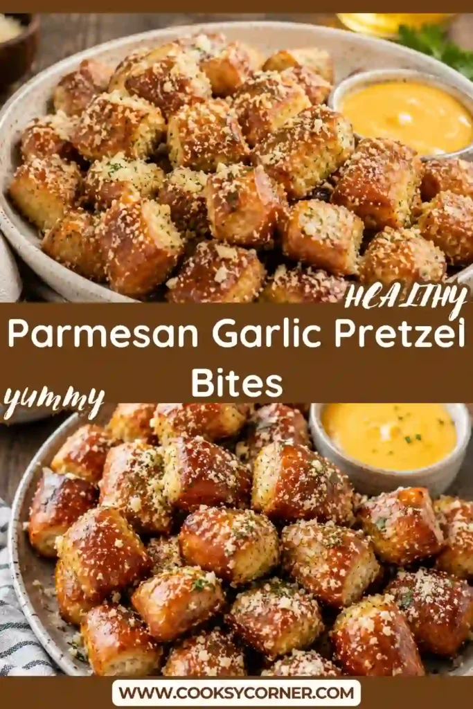 Freshly baked Parmesan Garlic Pretzel Bites coated in melted butter, garlic seasoning, and grated Parmesan cheese, served warm in a bowl.