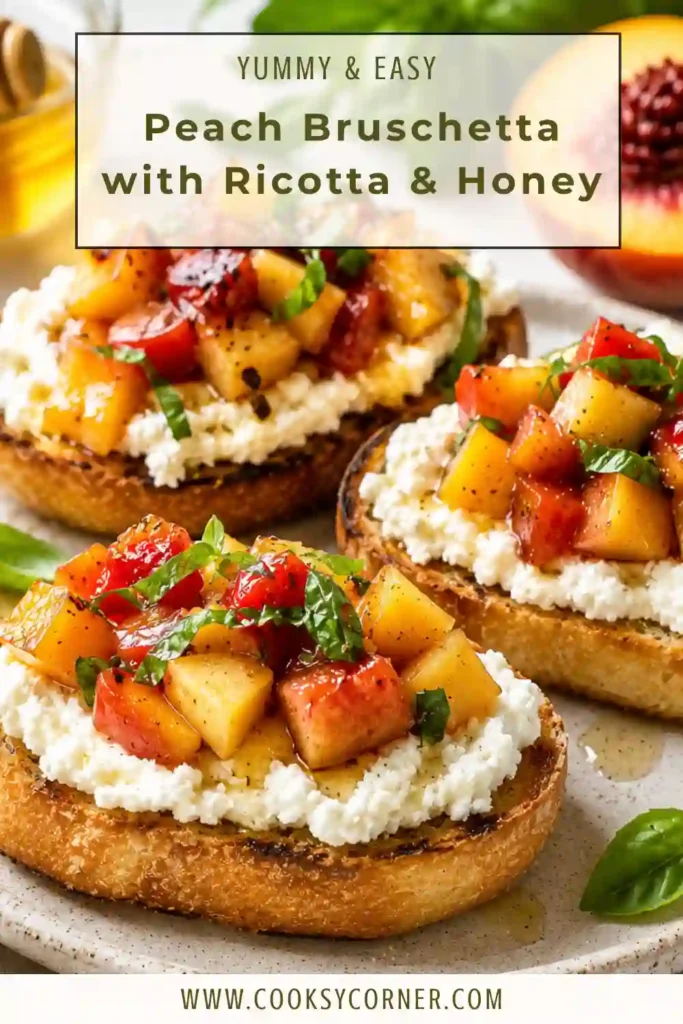 Close-up of homemade Peach Bruschetta with Ricotta & Honey on crisp garlic bread with fresh basil and ripe peaches. An easy vegetarian appetizer for summer entertaining.
