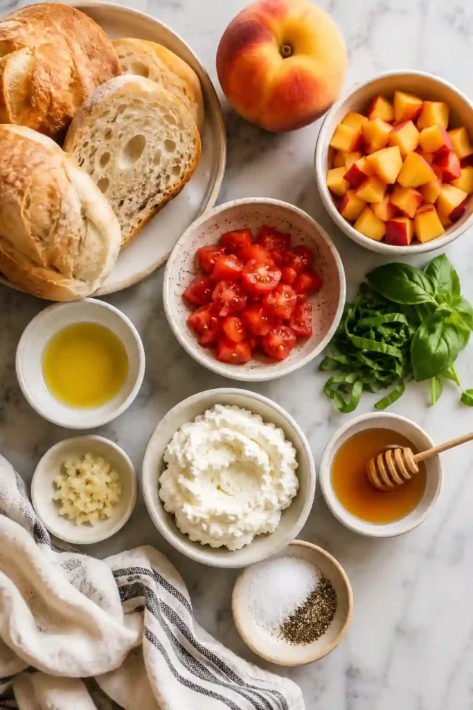 Homemade Peach Bruschetta with Ricotta & Honey garnished with basil on toasted artisan bread. A quick and flavorful summer appetizer recipe.