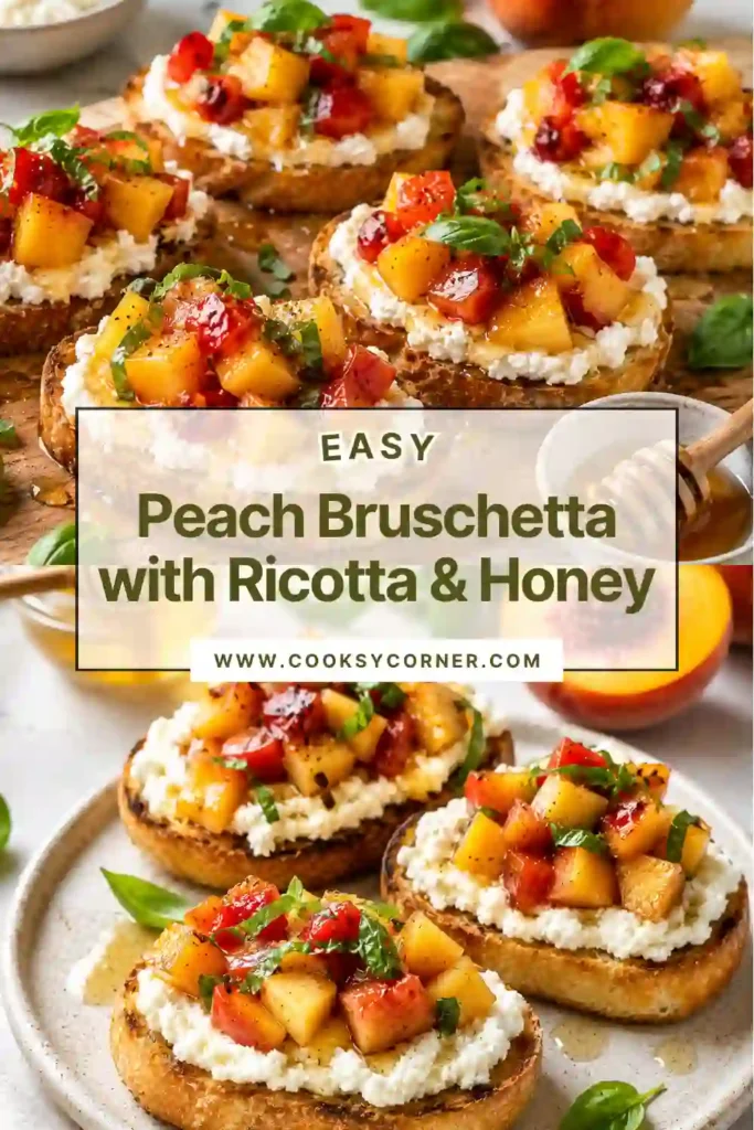 Fresh Peach Bruschetta with Ricotta & Honey served on toasted sourdough with diced peaches, cherry tomatoes, basil, and a drizzle of honey. This colorful summer appetizer looks crisp, creamy, and vibrant.