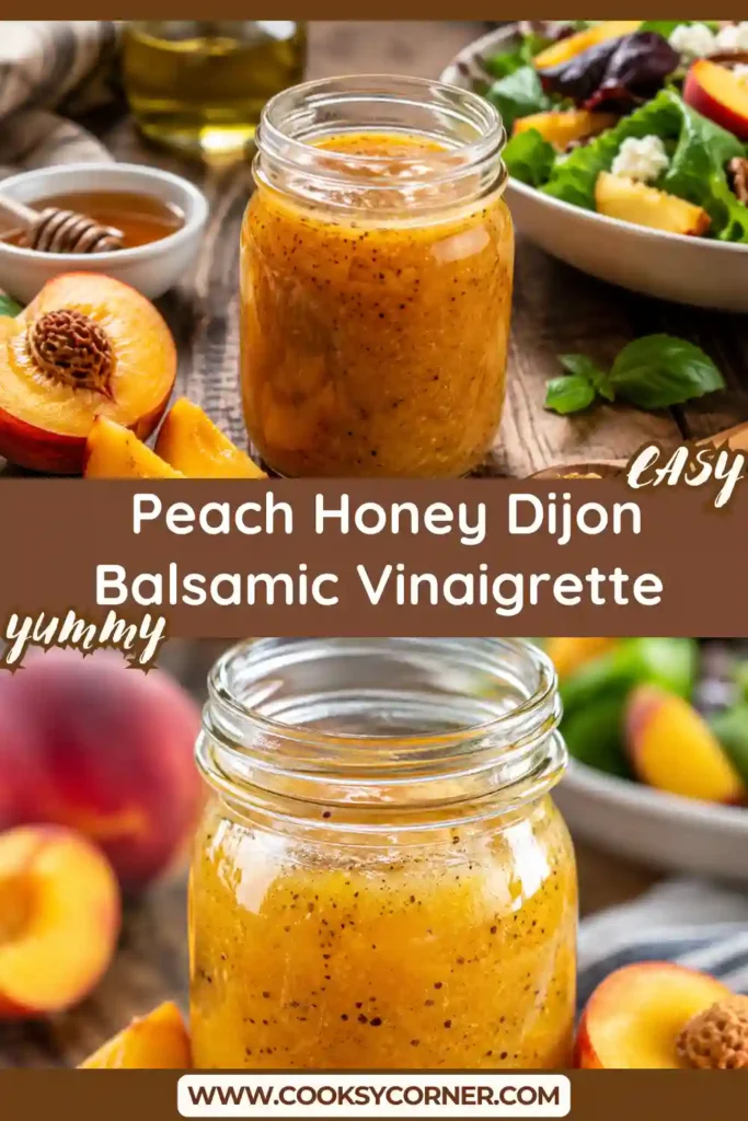 Fresh Peach Honey Dijon Balsamic Vinaigrette drizzled over a colorful green salad with peaches, nuts, and cheese. The dressing is creamy, fruity, and perfect for summer meals.