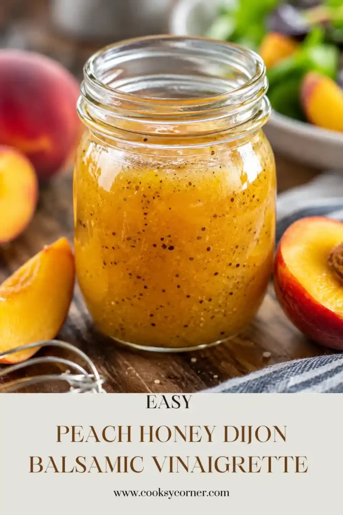 Homemade peach vinaigrette blended until smooth with ripe peaches, olive oil, honey, and balsamic vinegar. This fresh peach dressing adds sweet and tangy flavor to salads.