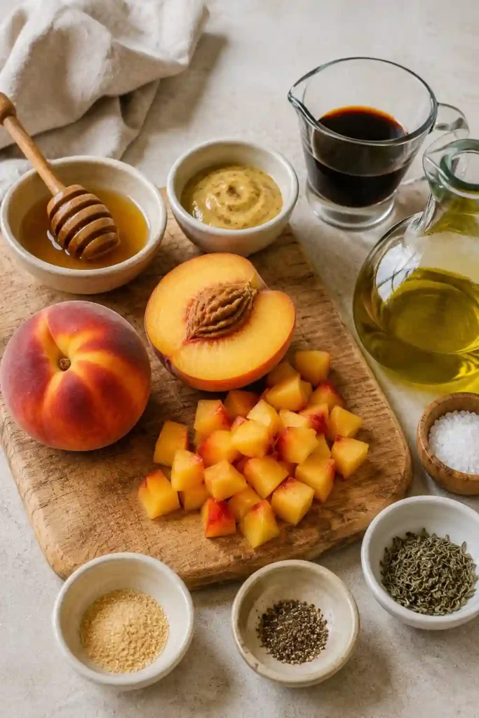 A small pitcher of honey Dijon balsamic vinaigrette made with ripe peaches and olive oil. This easy homemade salad dressing is fresh, flavorful, and ready in minutes.