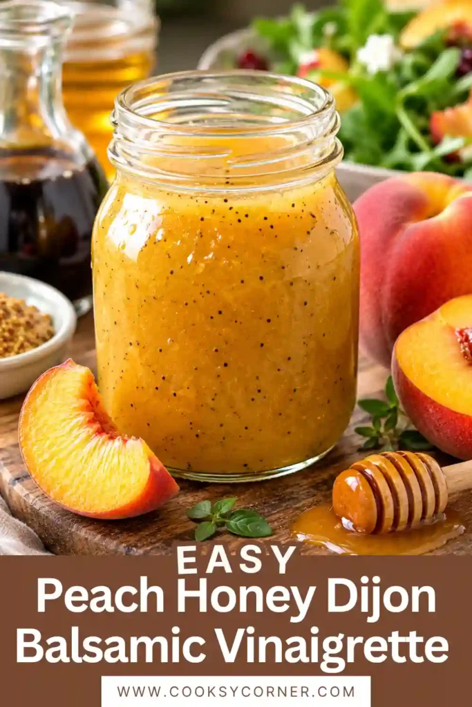 A glass jar filled with Peach Honey Dijon Balsamic Vinaigrette made from fresh peaches, balsamic vinegar, honey, and Dijon mustard. The creamy homemade salad dressing is served beside a fresh summer salad.