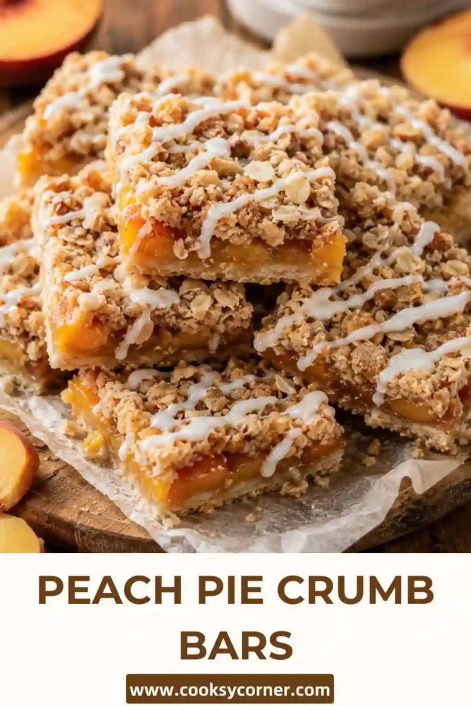 Homemade Peach Pie Crumb Bars arranged on a cooling rack with fresh peaches and vanilla glaze.