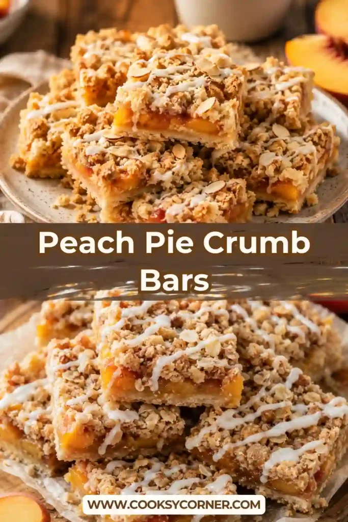 Close-up of Peach Pie Crumb Bars sliced into squares with golden cinnamon crumble topping and fresh peach filling.