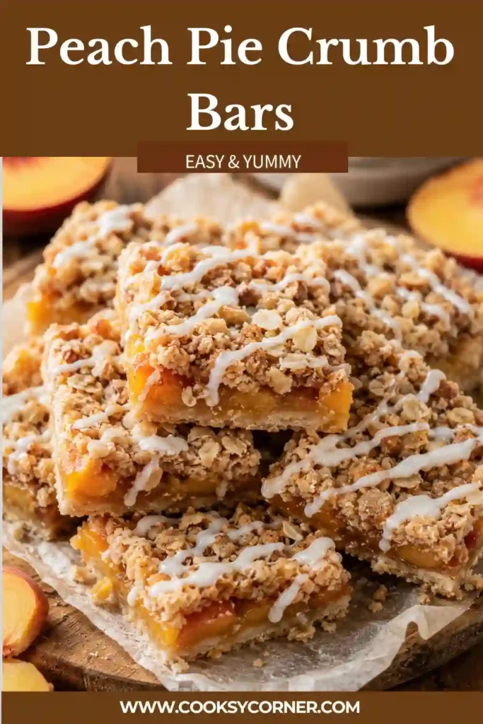 Peach Pie Crumb Bars topped with vanilla icing, featuring a buttery oat crumble and juicy fresh peach filling on a white serving plate.