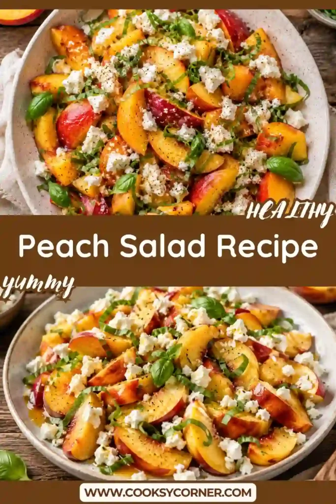3. Close-up of an easy peach goat cheese salad garnished with basil leaves and honey for a colorful summer side dish.