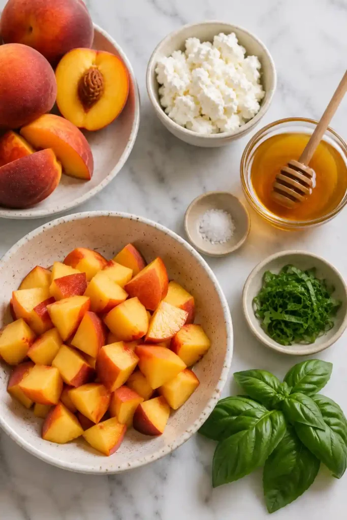 4. Healthy fresh peach salad with creamy chèvre, basil ribbons, and ripe peaches served as a refreshing no-cook meal.