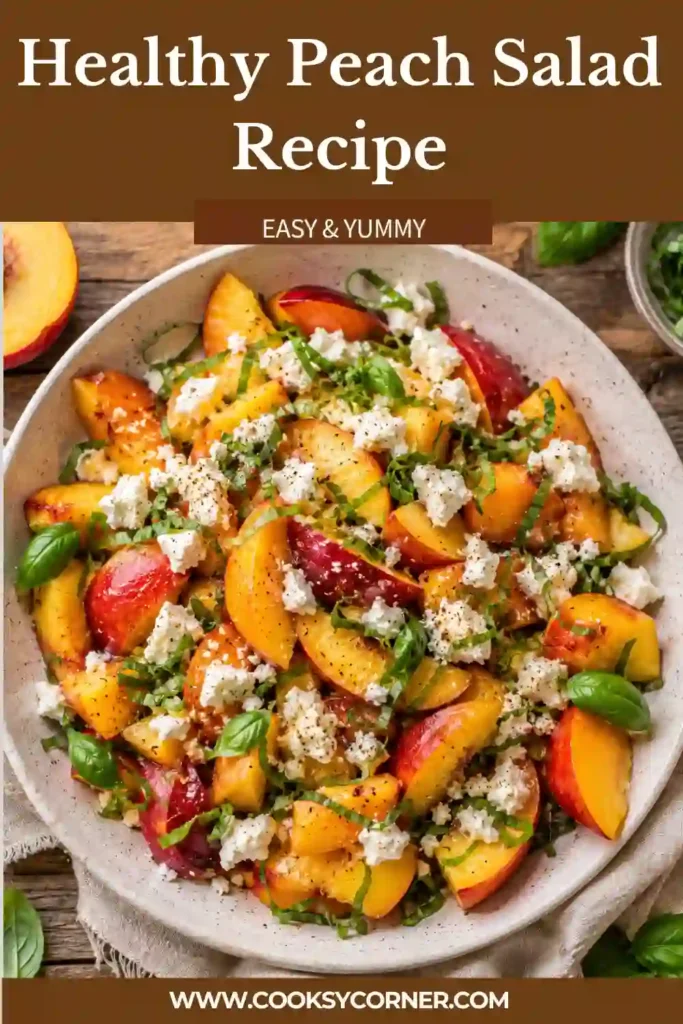 1. Fresh Peach Salad Recipe made with juicy ripe peaches, creamy lemon goat cheese, sliced basil, and a drizzle of honey served in a rustic bowl.
