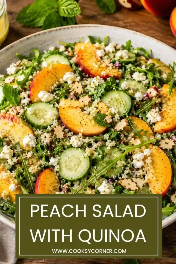 A large serving bowl filled with Peach Salad with Quinoa, fresh arugula, sliced peaches, toasted almonds, goat cheese, cucumber, and herbs. This nutritious salad is colorful and refreshing.