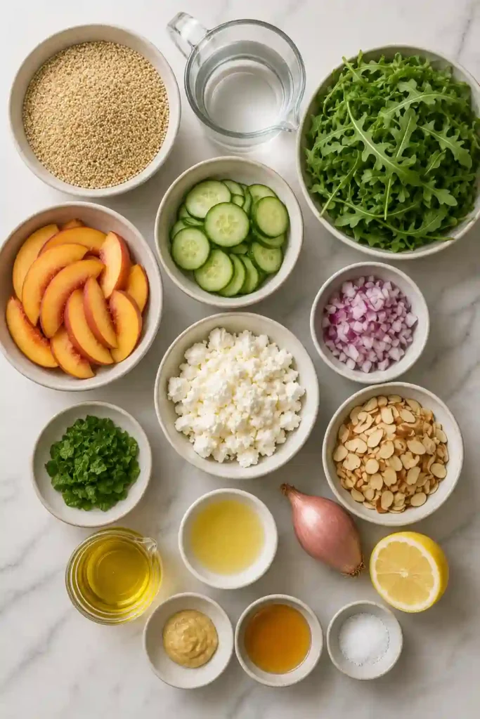 Close-up of a fresh peach quinoa salad garnished with mint, toasted almonds, goat cheese, and arugula. This healthy vegetarian recipe is ideal for summer lunches and light dinners.