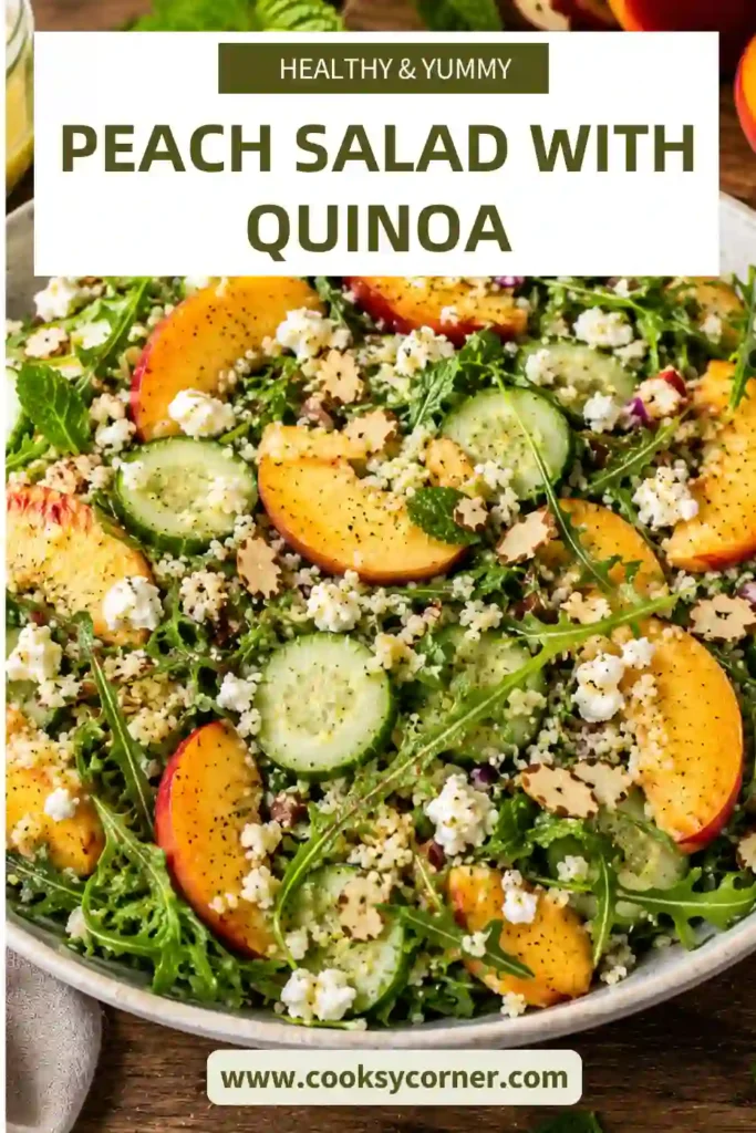 A colorful Peach Salad with Quinoa featuring fresh peach slices, arugula, goat cheese, toasted almonds, cucumber, and mint tossed with lemon-Dijon vinaigrette. This healthy summer salad is fresh and vibrant.