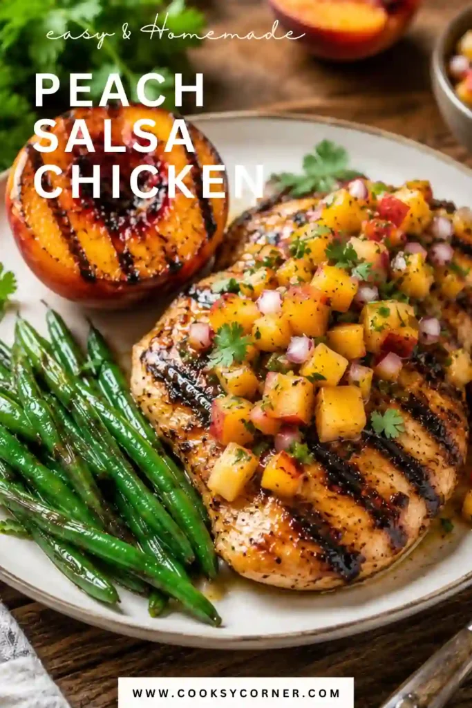 A serving of Peach Salsa Chicken topped with charred peach salsa and fresh cilantro sits alongside a simple summer side dish. This healthy grilled chicken recipe is perfect for warm-weather dining.