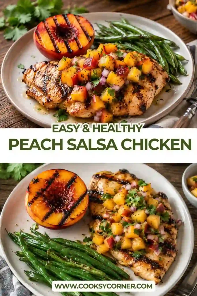 Grilled chicken breasts are finished with homemade peach salsa featuring grilled peaches, peppers, cilantro, and fresh lime juice. This easy chicken dinner is colorful and packed with seasonal ingredients.